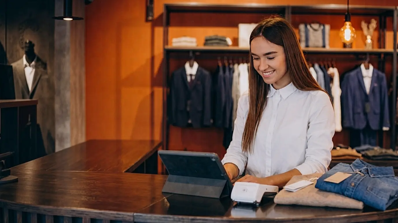 A clothing shop-owner working in a tablet
